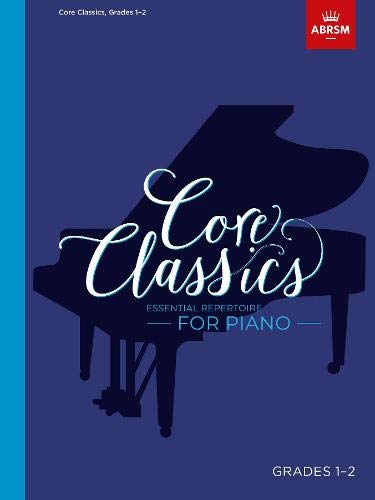 Blue piano music book cover, “Core Classics” title, grades 1-2.
