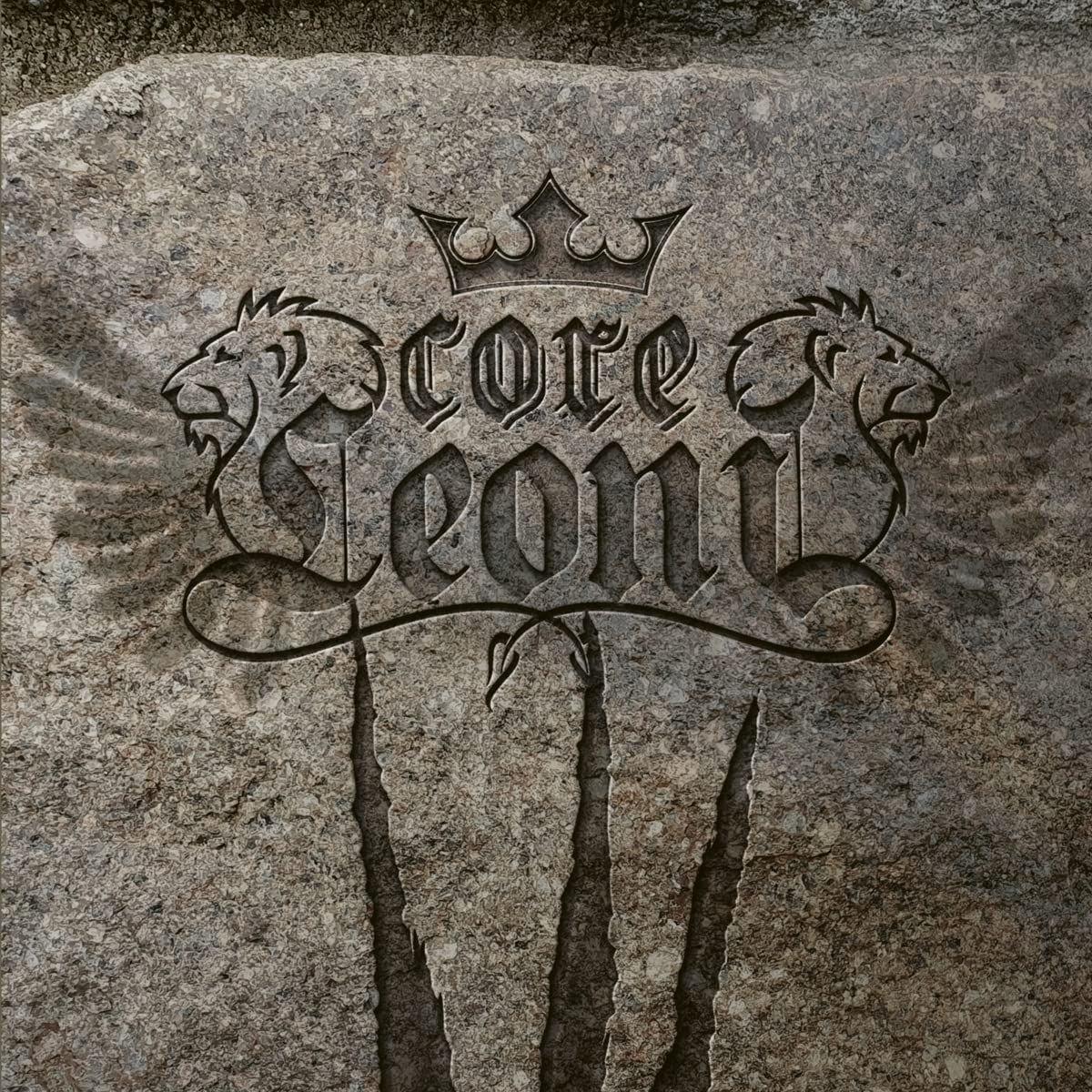 "Grey stone surface with 'Coreleoni' engraved, flanked by lions and a crown."