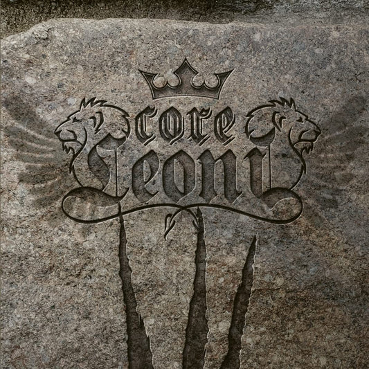 "Grey stone surface with 'Coreleoni' engraved, flanked by lions and a crown."