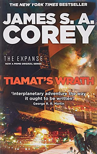 Book cover for "Tiamat's Wrath" with a futuristic cityscape and spacecraft.