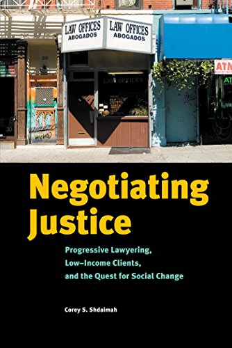 "Book cover with a storefront and title 'Negotiating Justice' in yellow text on a black background."