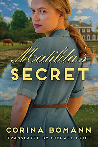 Book cover: woman looking back, horses, and a large house in background.