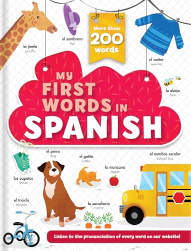 Children’s book cover, “My First Words in Spanish,” with colorful illustrations.