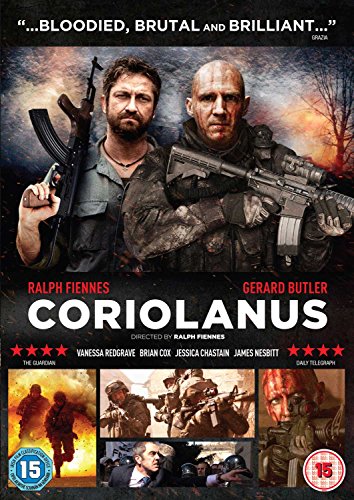 Coriolanus" DVD cover featuring Ralph Fiennes and Gerard Butler in military attire.
