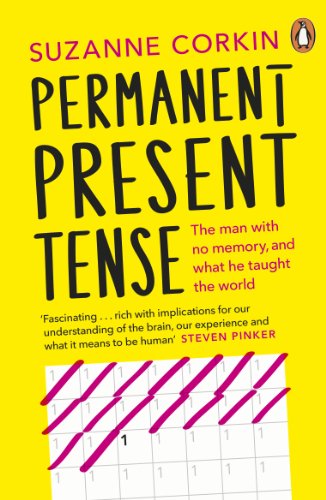 Book cover: "Permanent Present Tense" by Suzanne Corkin, yellow background.