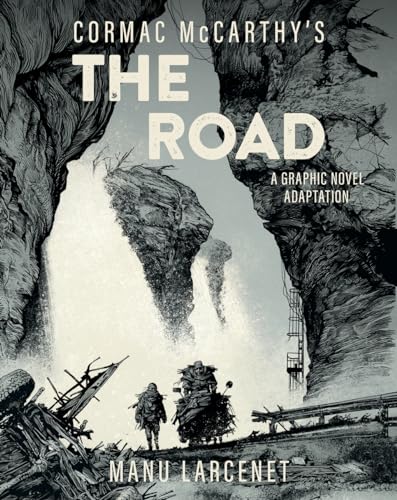 Post-apocalyptic landscape with a father and son walking on a road.