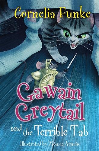 Book cover: a grey cat and a mouse knight with a sword.