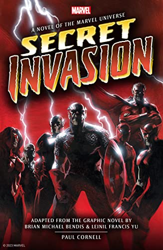 Marvel’s Secret Invasion novel cover with shadowed figures and lightning.