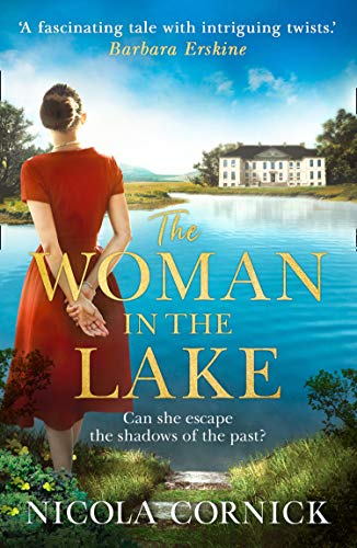 Book cover: woman in red by a lake, grand house in background.