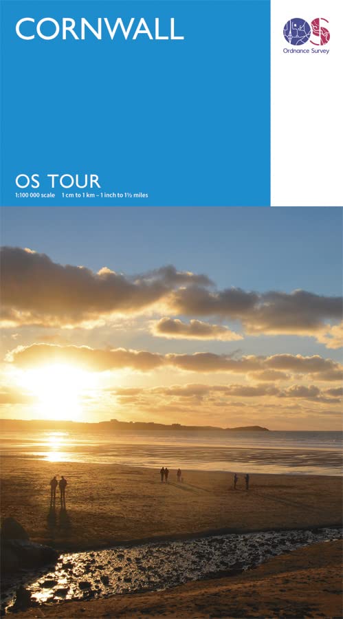 Ordnance Survey Cornwall tour map cover featuring a sunset beach scene with silhouettes.