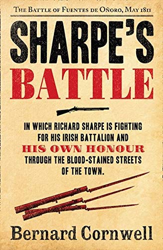 Book cover for Sharpe's Battle by Bernard Cornwell featuring muskets on a parchment background.