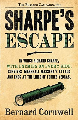 Book cover for Sharpe's Escape by Bernard Cornwell featuring a musket and a telescope.