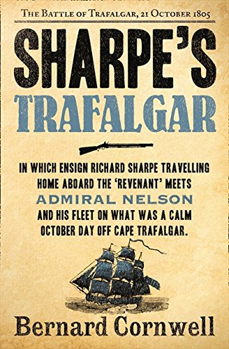 Book cover for "Sharpe's Trafalgar" featuring a sailing ship and musket.