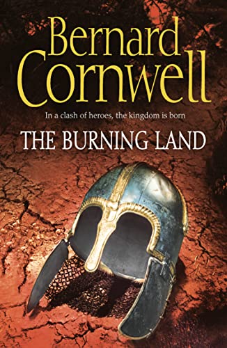 Book cover: "The Burning Land" with a Viking helmet on cracked earth.