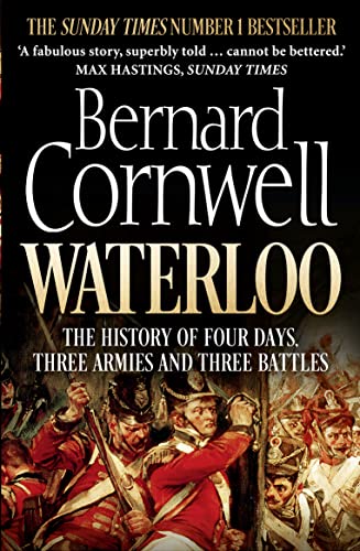 Book cover for "Waterloo" by Bernard Cornwell, depicting a battle scene.