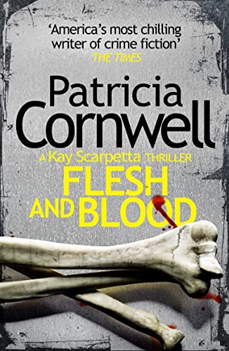 Book cover: “Flesh and Blood” by Patricia Cornwell, featuring bones and blood.