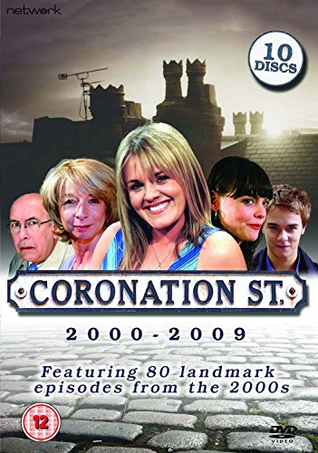DVD cover for Coronation Street 2000-2009 featuring cast members against a cobblestone street background.