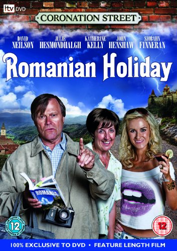 Coronation Street: Romanian Holiday DVD cover with cast members and castle backdrop.