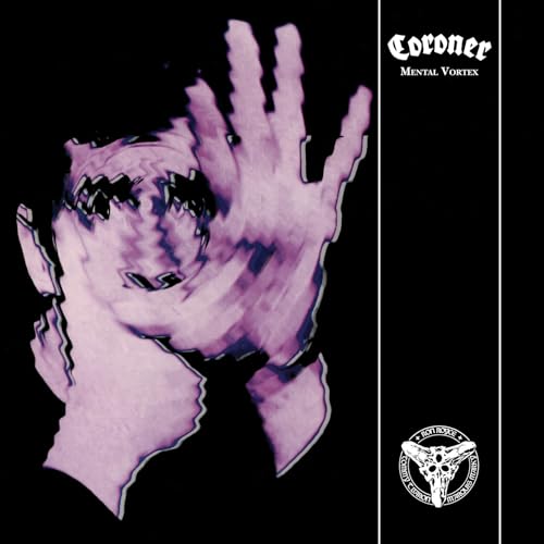 Distorted purple face with outstretched hands, album cover for Coroner’s “Mental Vortex.”