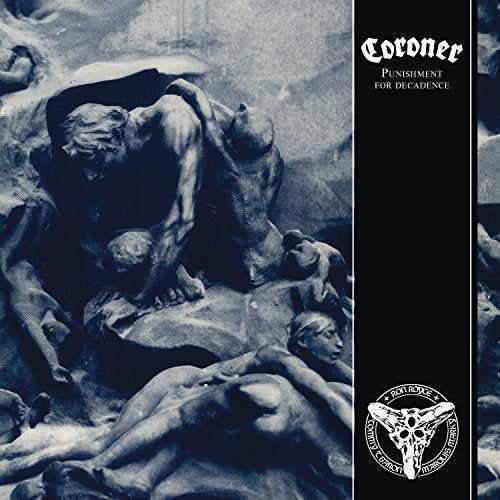Coroner album cover: grayscale sculpture of struggling figures, dark background.