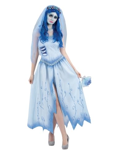 Woman dressed as Corpse Bride with blue hair and makeup, wearing a long blue gown.