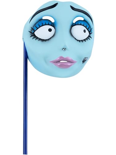 Blue Corpse Bride Emily handheld mask with large eyes and pink lips.
