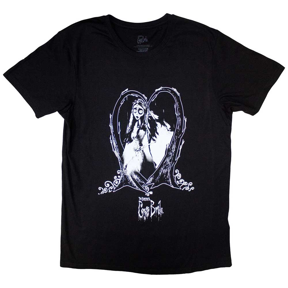 Black t-shirt with a red heart design inspired by Corpse Bride; small size.