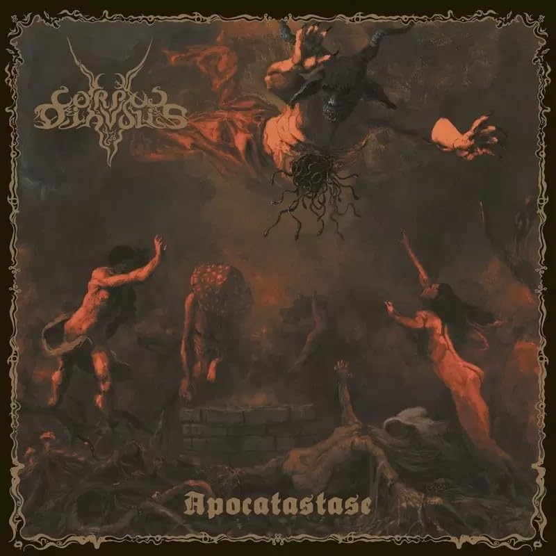 Dark album cover with figures worshipping a monstrous, fiery entity.