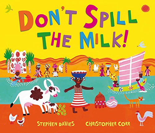 Colorful children’s book cover depicting a cow, people, and a boat.