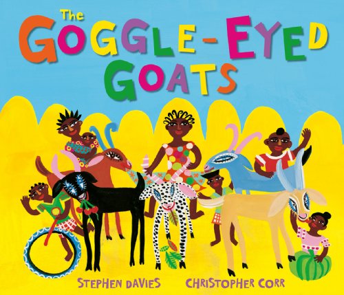 Children riding colorful goats against a bright yellow, wavy background.