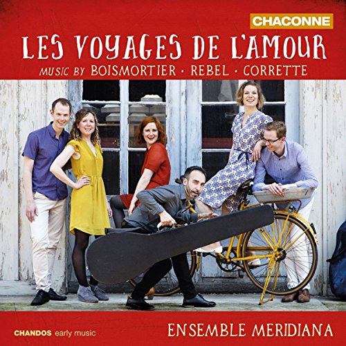 "CD cover featuring five musicians posing with a bicycle, red background, white text."
