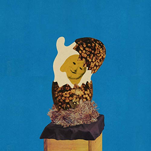 Collage of a smiling face emerging from a cracked, spotted eggshell.
