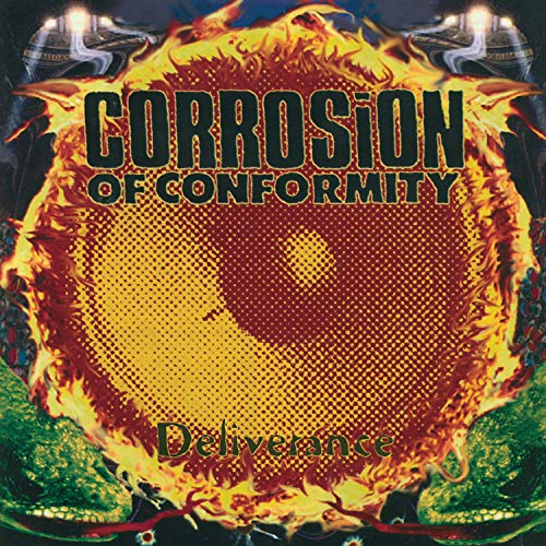Deliverance" album cover by Corrosion of Conformity, featuring fire and text.