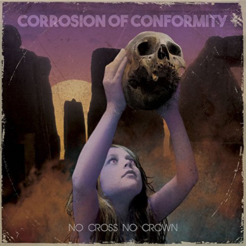 "Woman holding skull above her head, album cover with dark, mystical background."