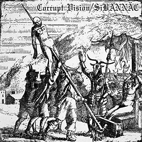 Black and white illustration of a ritual scene with figures and animals.