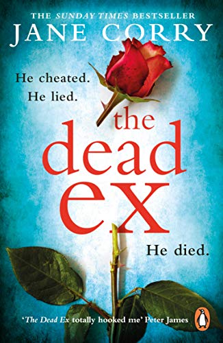 Book cover with red rose, green leaves, and title "the dead ex" on blue background.