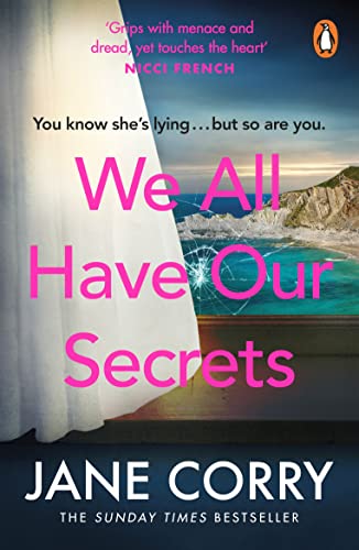 Book cover with pink text over a white curtain and a coastal cliff scene.