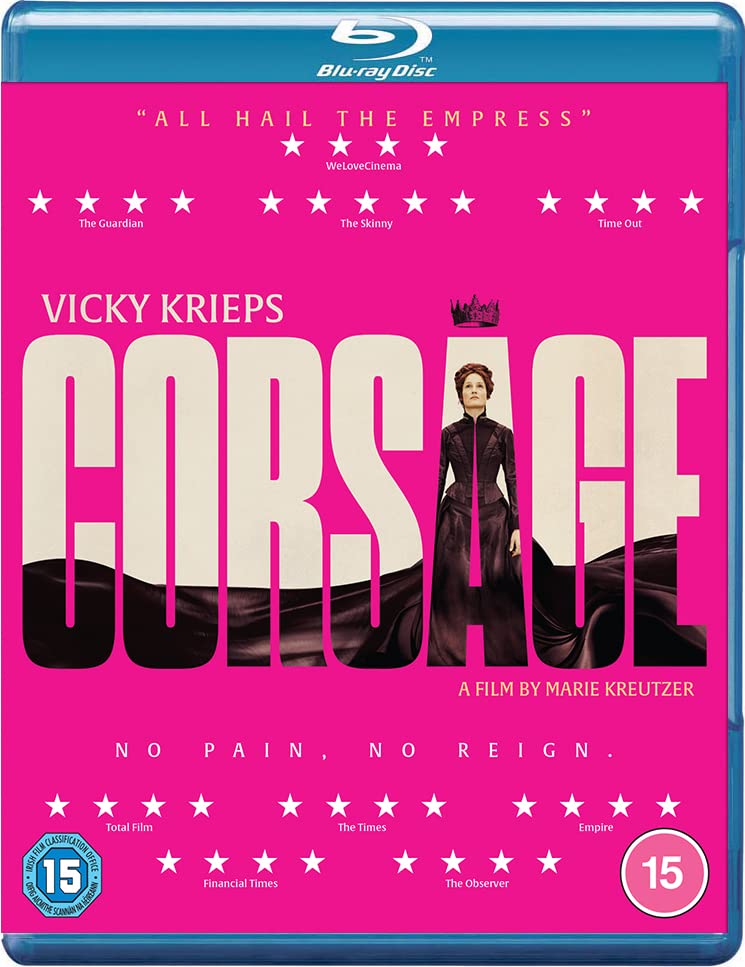 Corsage Blu-ray cover featuring Vicky Krieps as Empress Elisabeth of Austria.