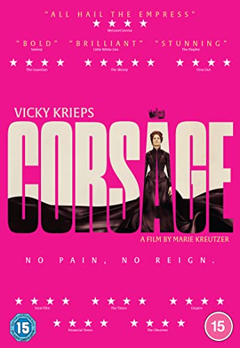 DVD cover for "Corsage" featuring Vicky Krieps in a black dress.