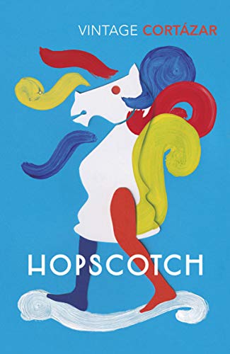 Book cover for “Hopscotch” featuring a whimsical, colorful horse-like figure.