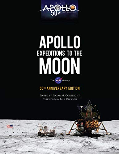 Book cover: "Apollo Expeditions to the Moon" with lunar lander image.