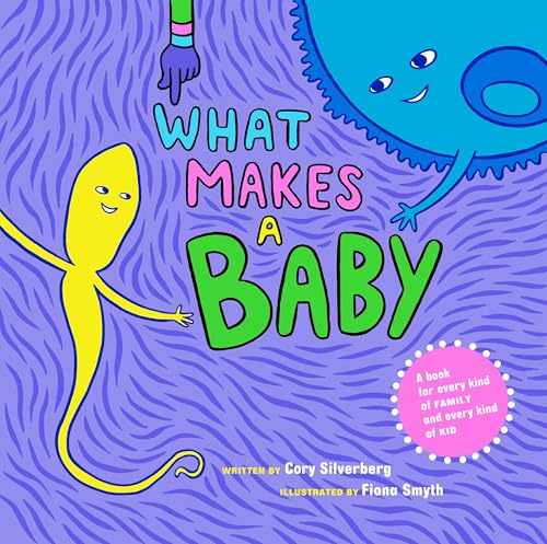 Book cover featuring a yellow sperm and blue egg character on a purple background.