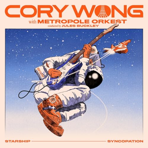 An astronaut floats in space playing an electric guitar near a small orange spaceship.