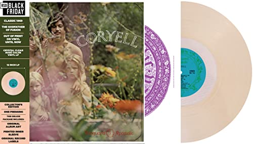 Larry Coryell album cover, inner sleeve, and translucent rose-colored vinyl record on display.