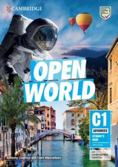 Textbook cover featuring an astronaut, Venice, and hot air balloons.