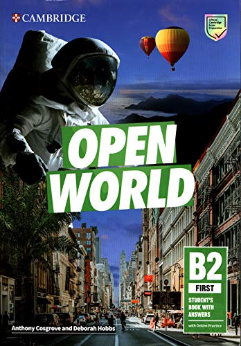 Open World" textbook cover with astronaut, hot air balloons, and city scene.