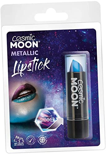 Cosmic Moon Metallic Lipstick in blue packaging with a space-themed background.