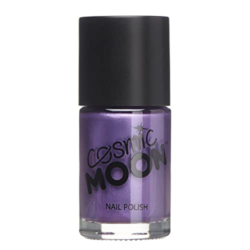 Purple metallic nail polish in a clear glass bottle with black cap.