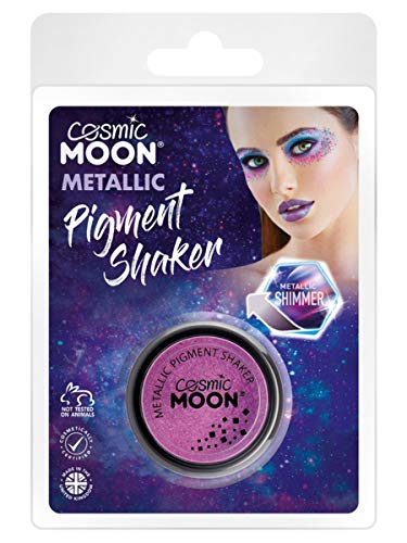 Purple metallic pigment shaker with packaging showing makeup application.