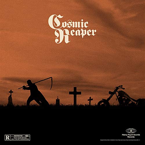 Silhouette of a reaper with a scythe, motorcycle, and graveyard.